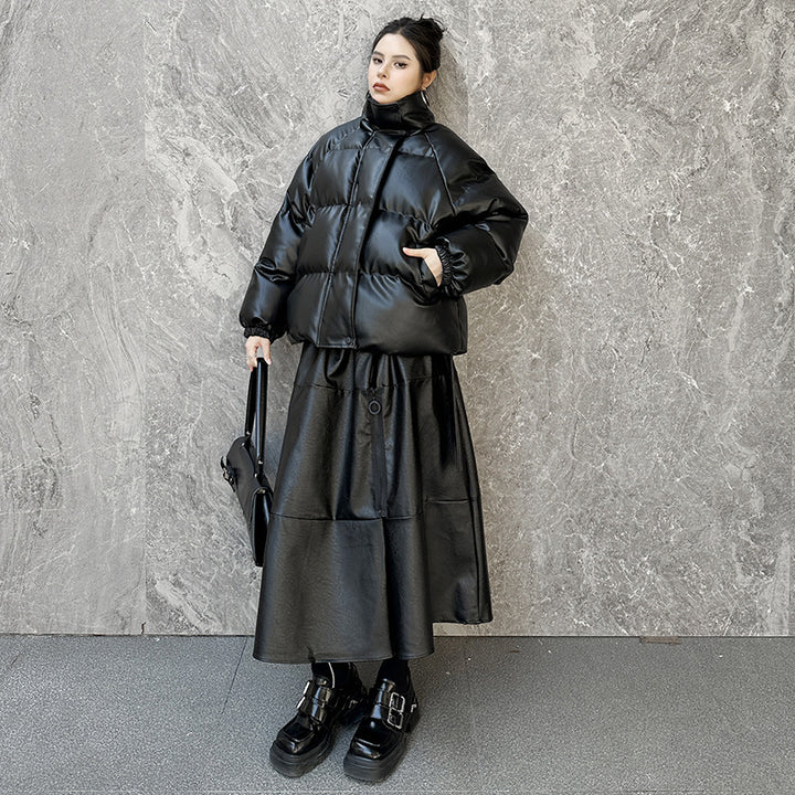 PU leather stand collar padded short volume down jacket