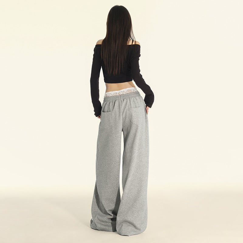 Lace Trim High Waist Slim Straight Wide Leg Pants