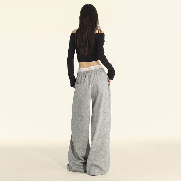 Lace Trim High Waist Slim Straight Wide Leg Pants