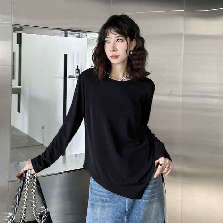 Basic asymmetrical round neck long sleeve t-shirt