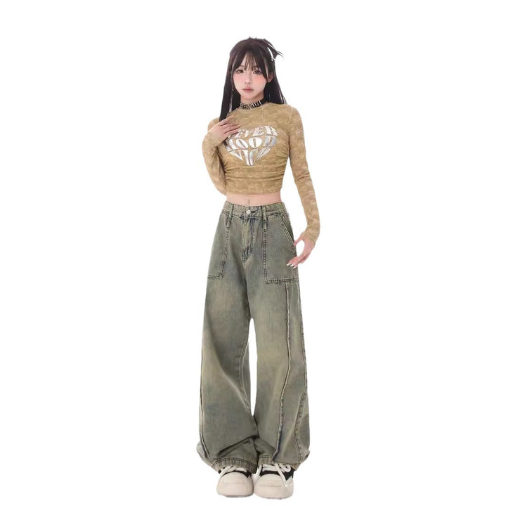 Retro panel loose denim jeans