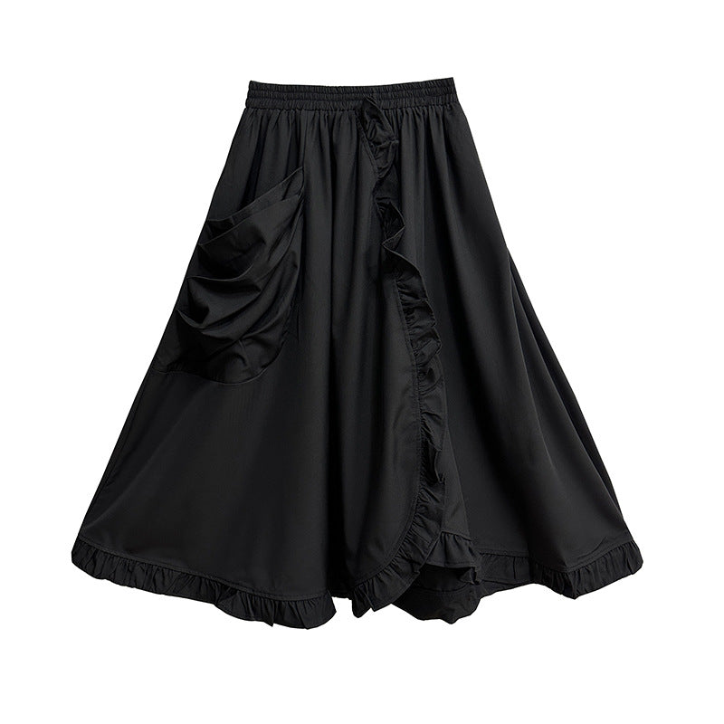 Large pocket asymmetric frill high waist skirt