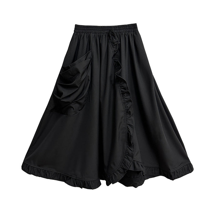 Large pocket asymmetric frill high waist skirt