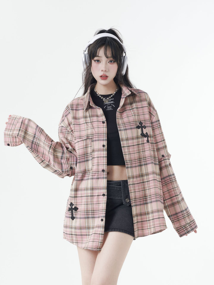 Street trend plaid sleeve detachable shirt