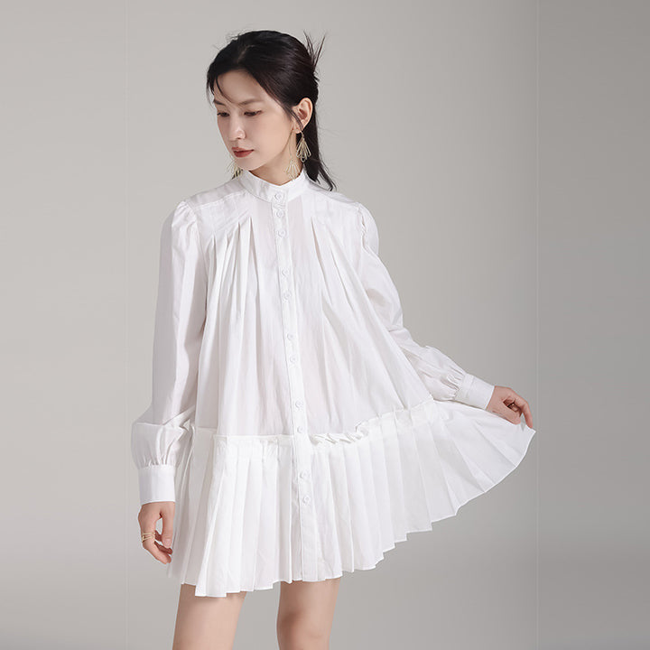 Stand Collar Pleats Long Shirt