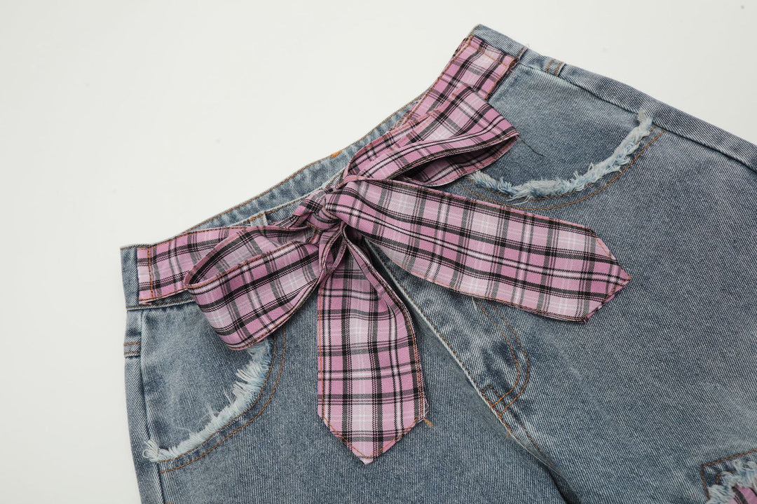 Street Style Plaid Cut Patchwork Straight Jeans