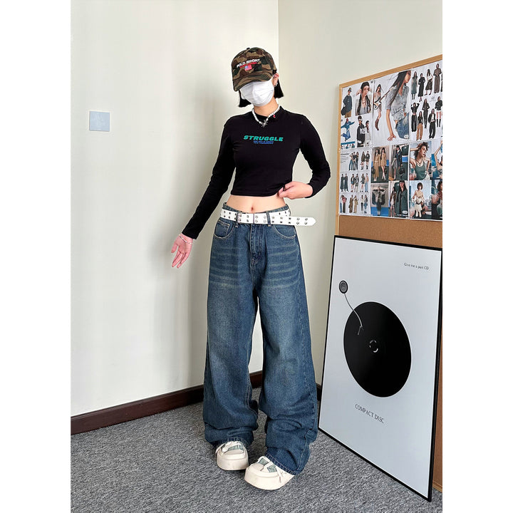 Straight dark blue retro mid-rise wide-leg pants