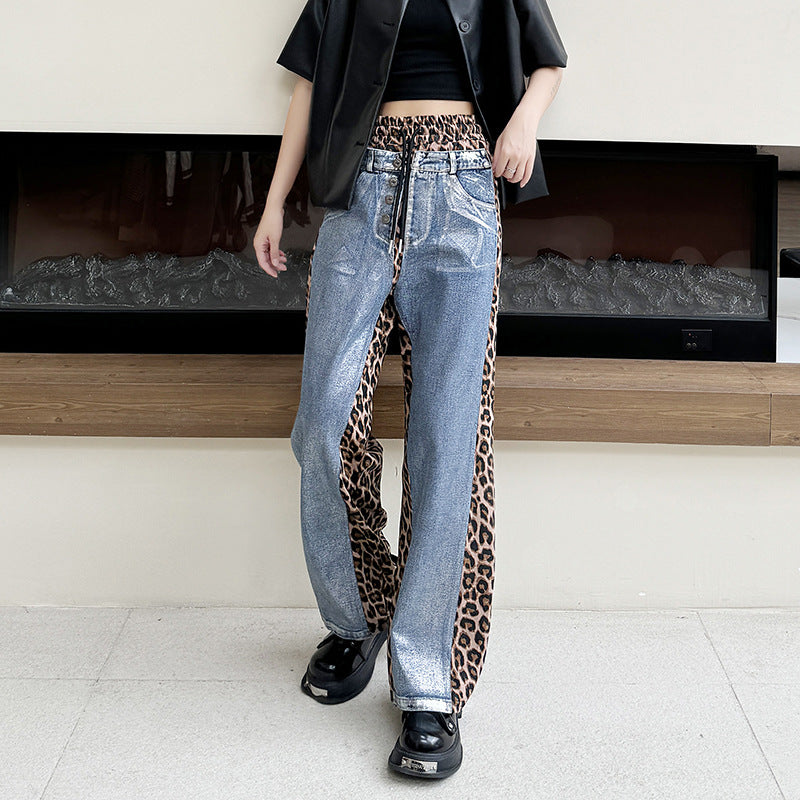 Silver plated wash denim patchwork leopard print casual pants