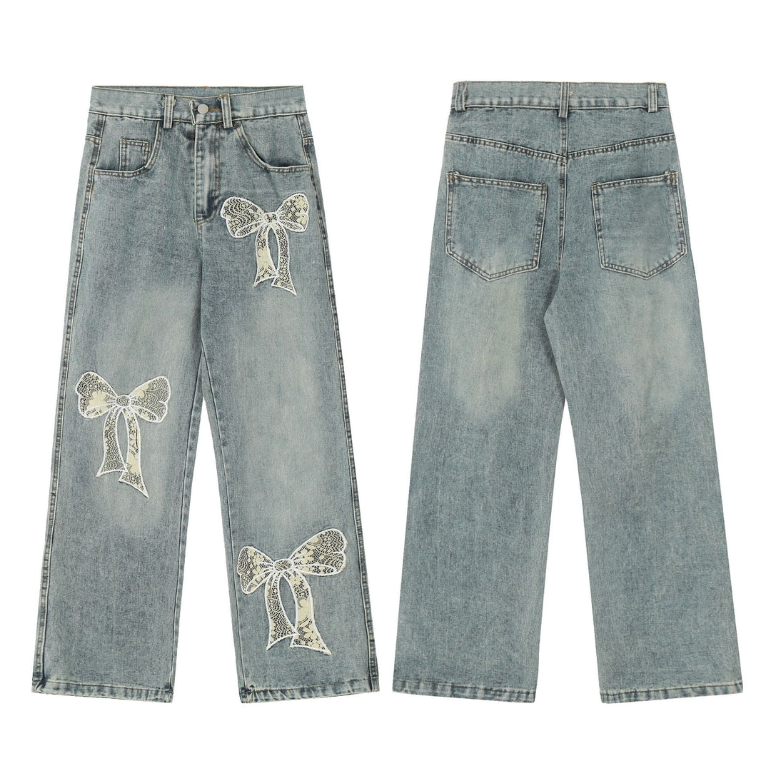 Ribbon Embroidery Washed Straight Denim