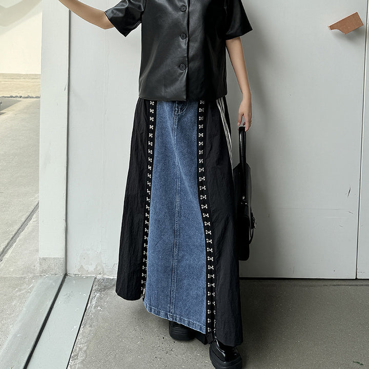 Side line hook denim A-line skirt