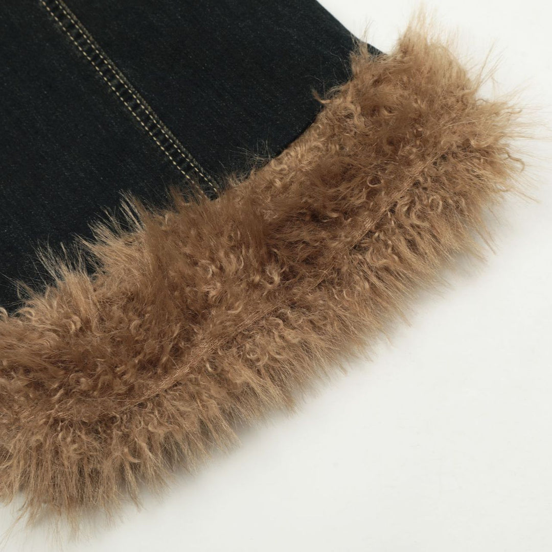 Fur washed flare denim pants