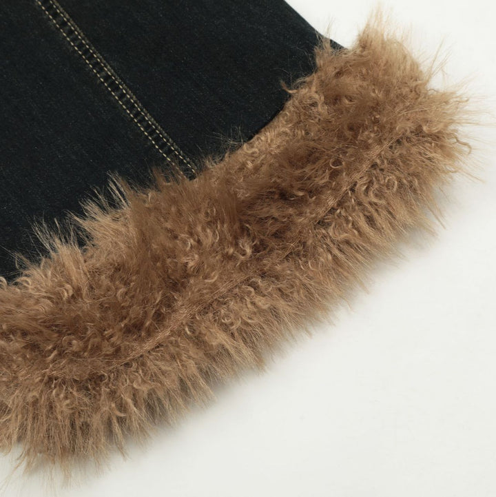 Fur washed flare denim pants