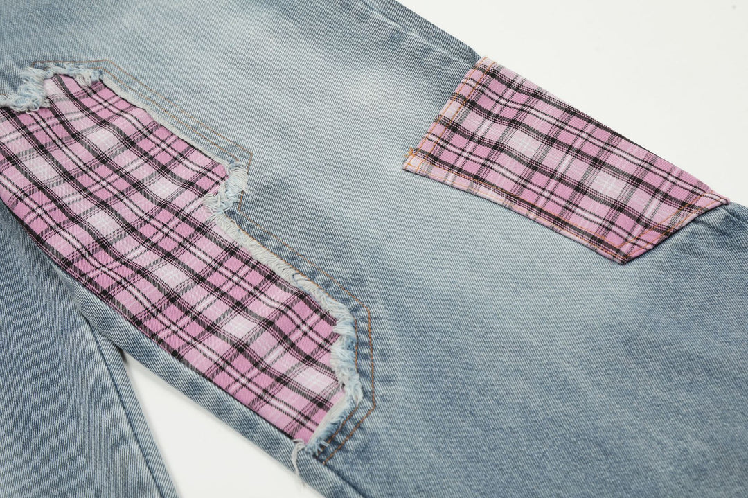 Street Style Plaid Cut Patchwork Straight Jeans
