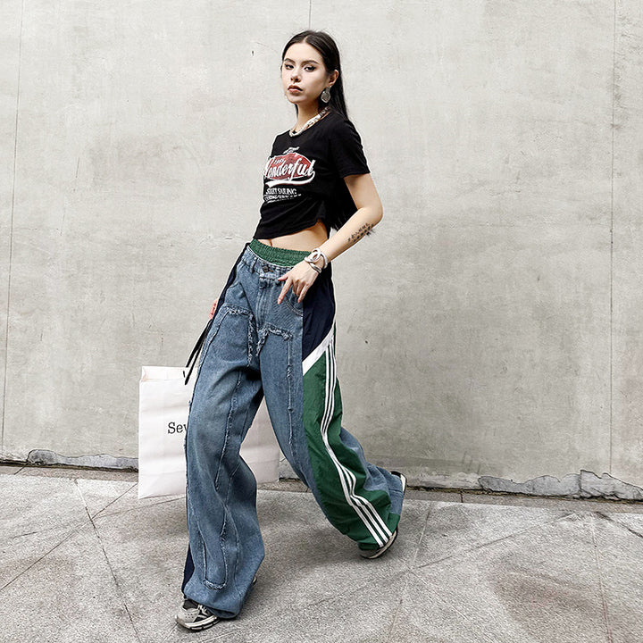 Color contrast stitching cuffed high waist jeans