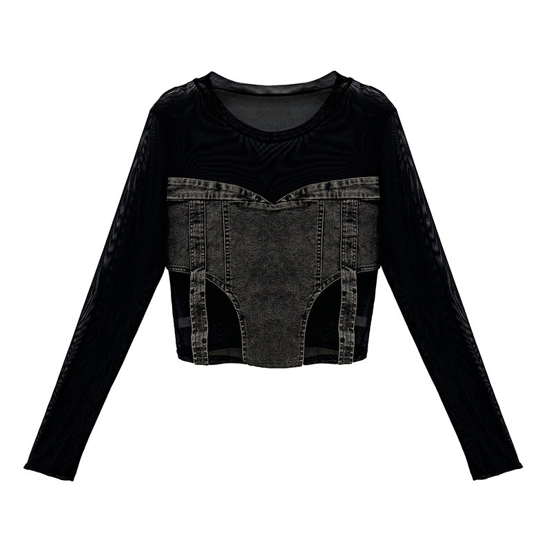 Mesh Denim Long Sleeve Tops