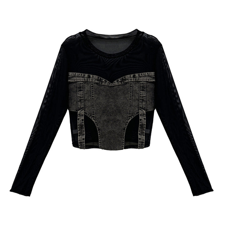 Mesh Denim Long Sleeve Tops