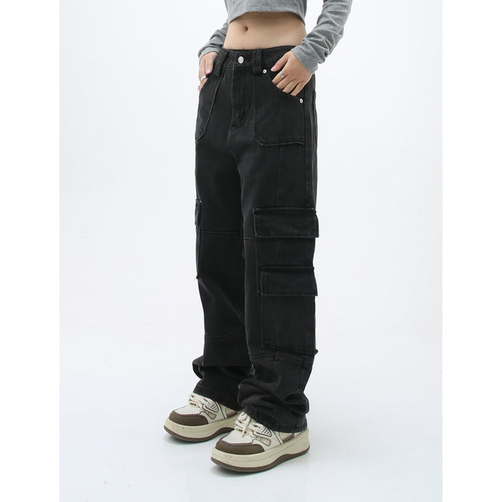 Water-washed loose-fitting wide jeans