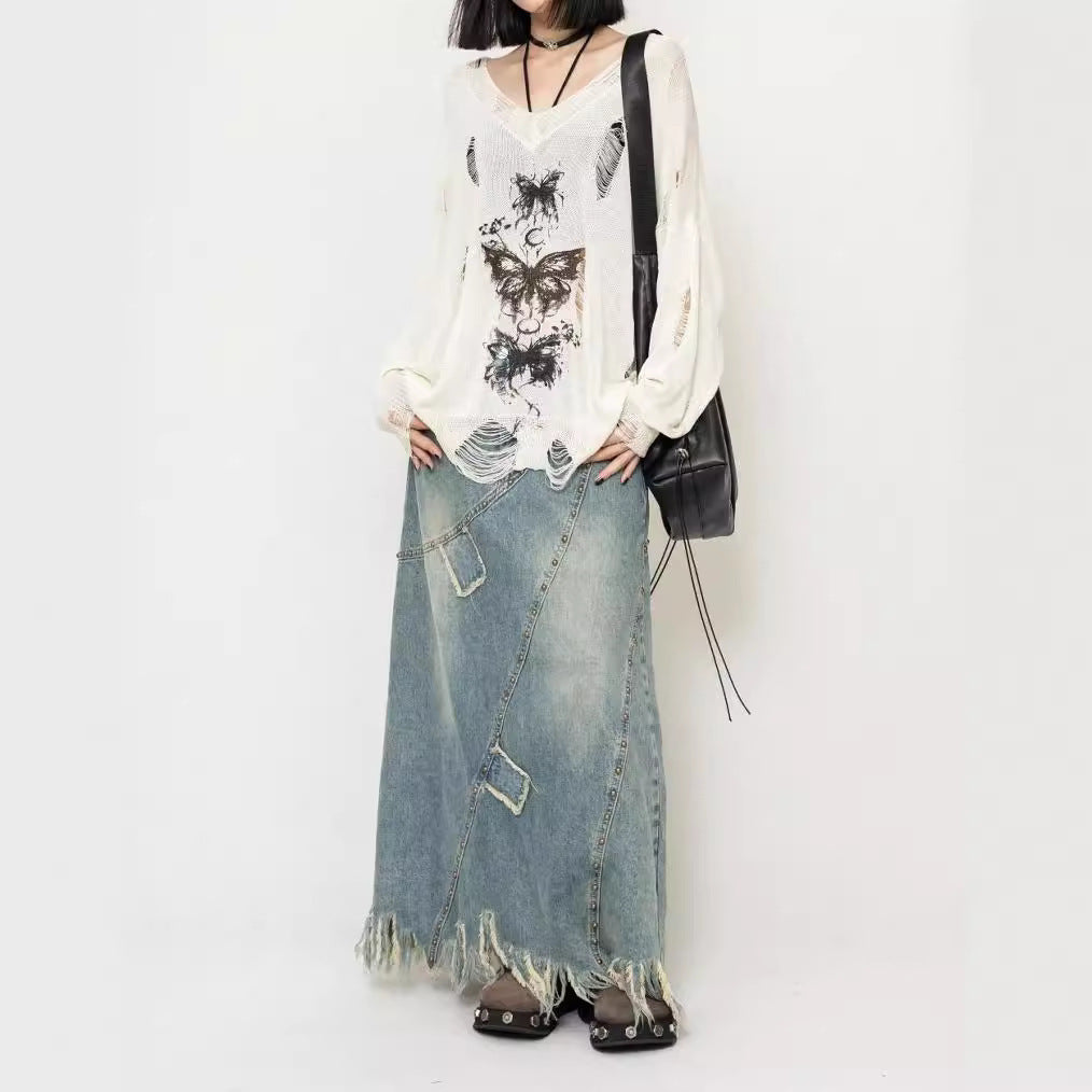 Butterfly Loose Damage V-neck Knit
