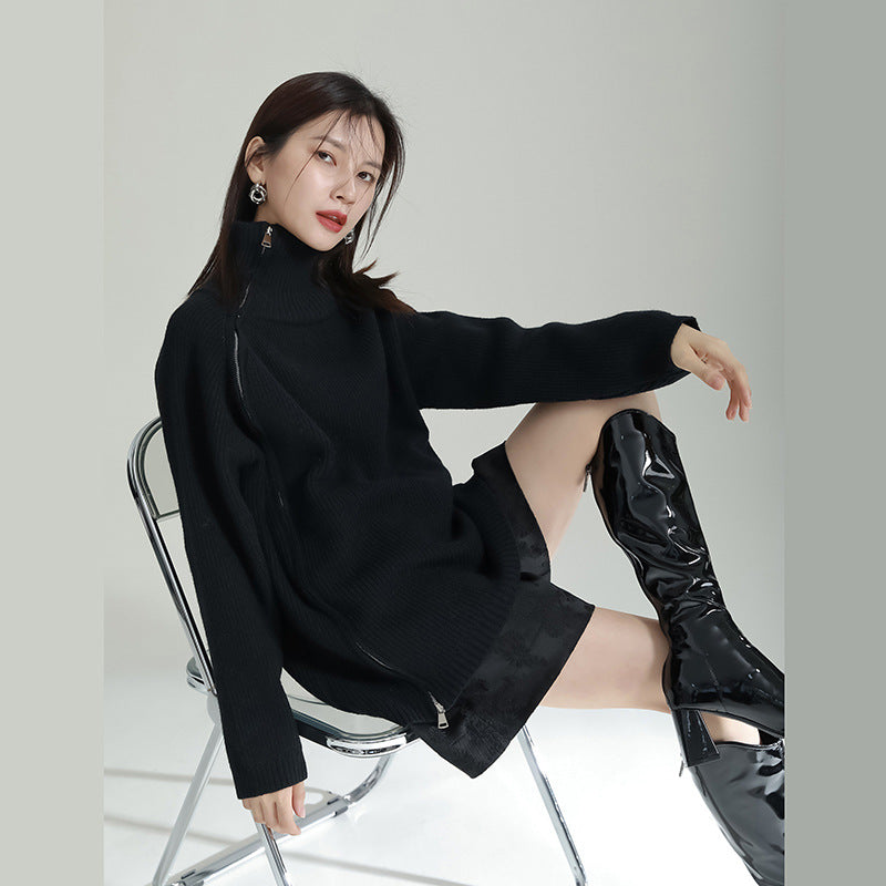 Asymmetry Side Slit Zipper High Neck Knit