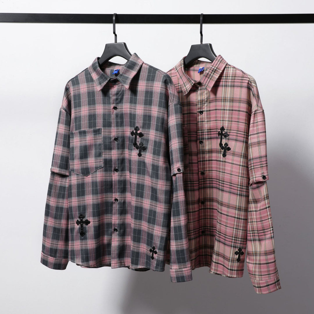 Street trend plaid sleeve detachable shirt