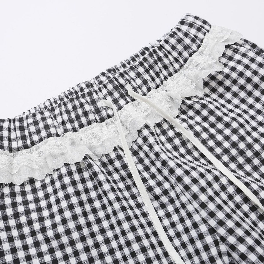 Lace Gingham Check Wide Pants