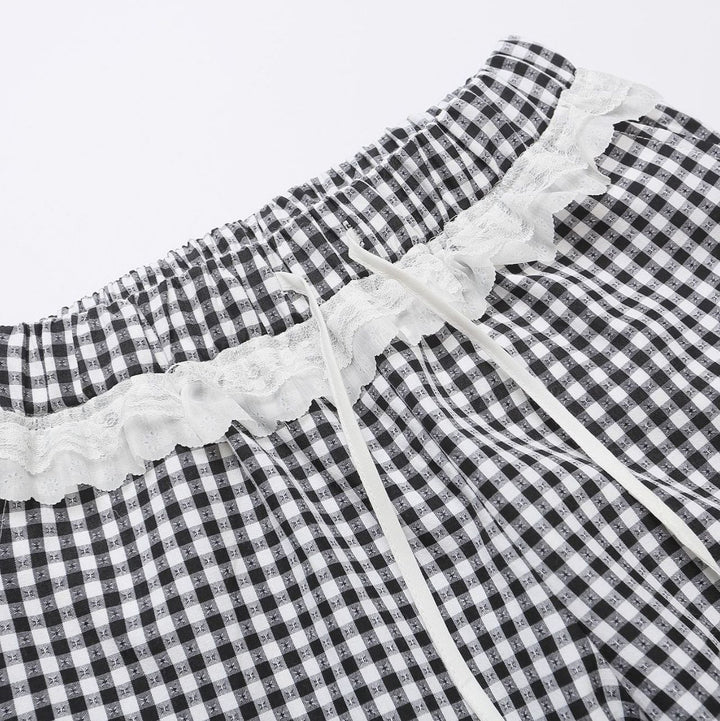 Lace Gingham Check Wide Pants