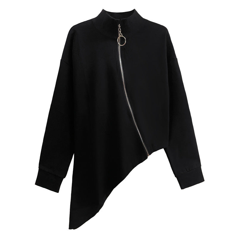 Diagonal zipper high neck t-shirt