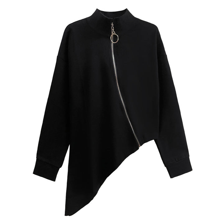 Diagonal zipper high neck t-shirt