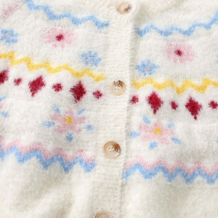 Pattern design crew neck knit cardigan