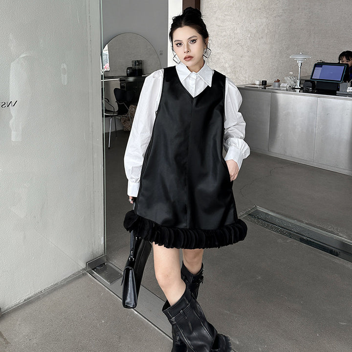 Puff sleeve collar shirt & PU leather v-neck onepiece