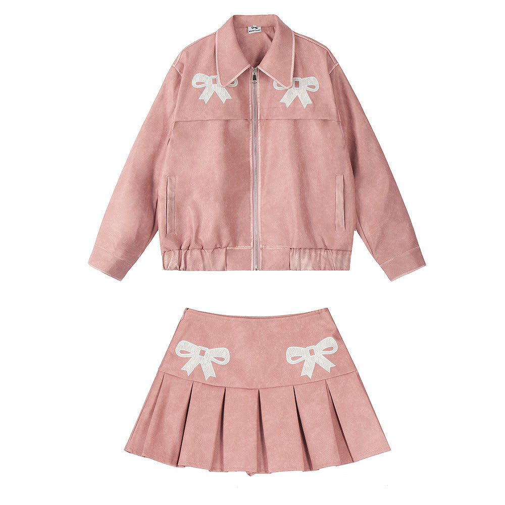 Sweet ribbon PU leather skirt