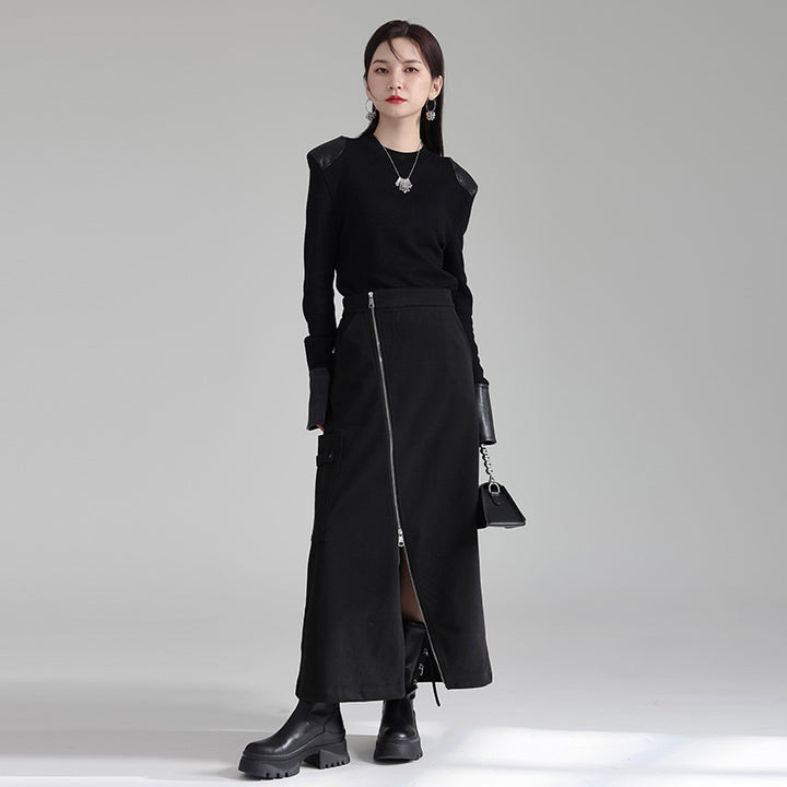 Diagonal Zipper Tight Long Skirt