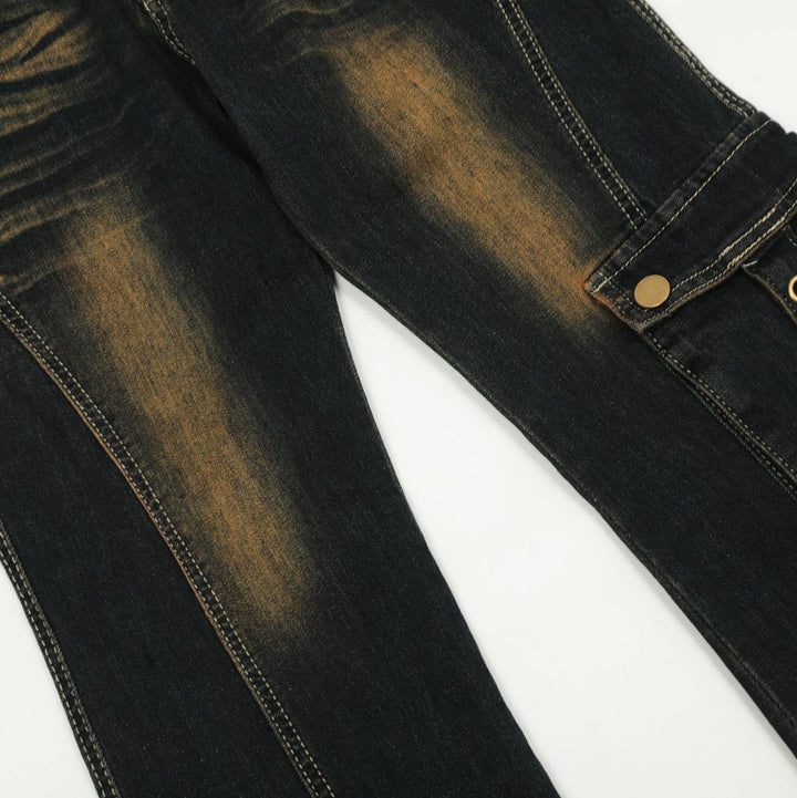 Fur washed flare denim pants