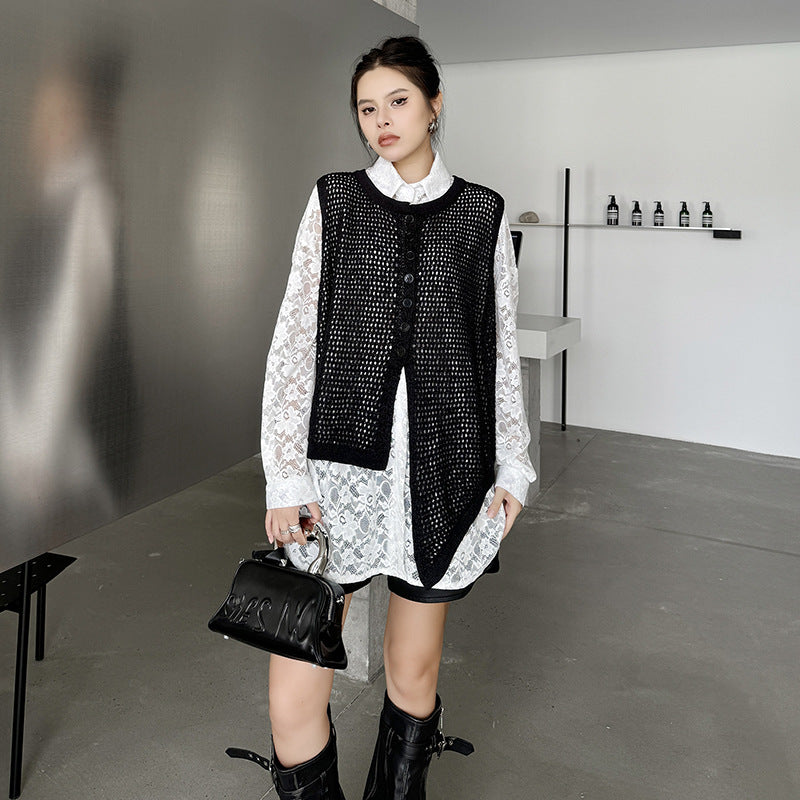 Lace shirt and sleeveless cardigan vest