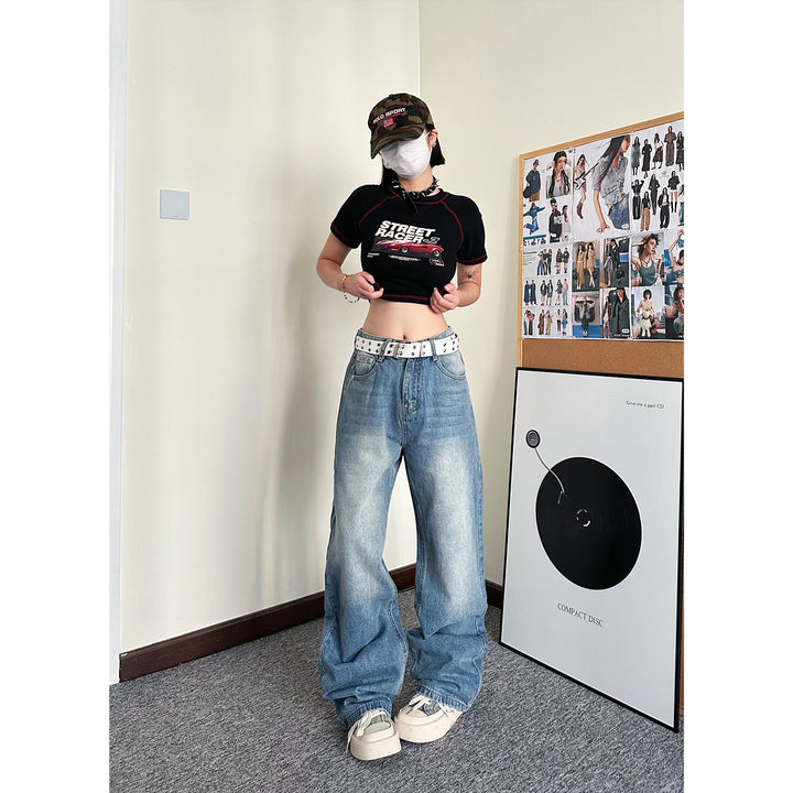 Light blue washed design loose straight wide-leg pants