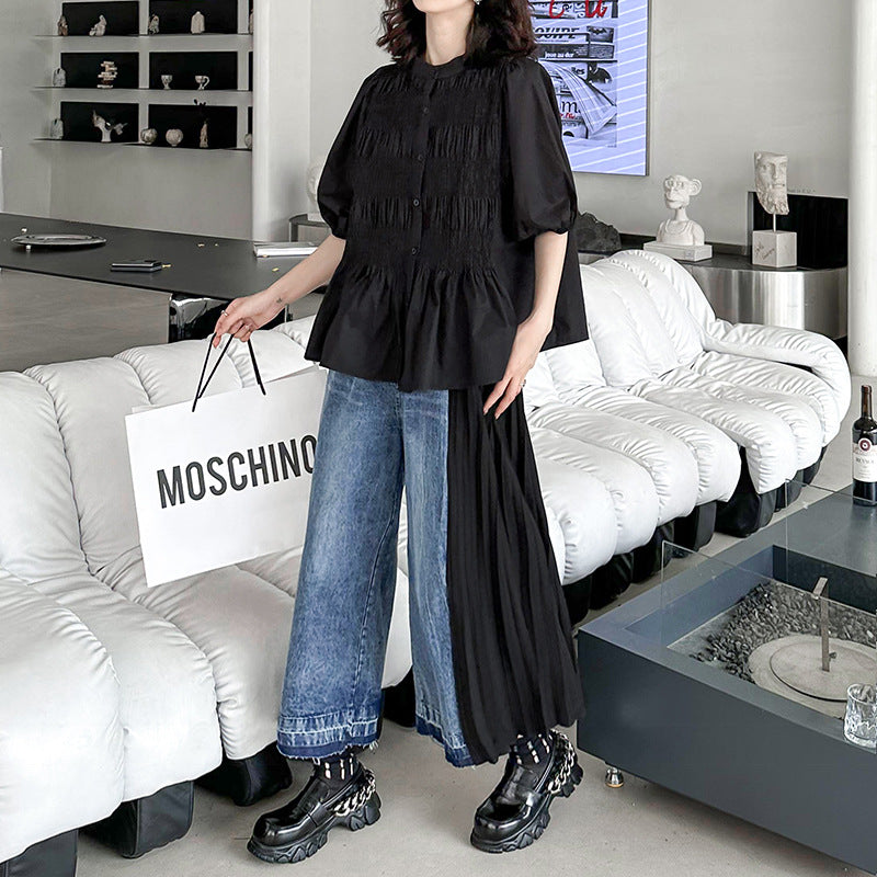 Contrast color patchwork pleated jeans