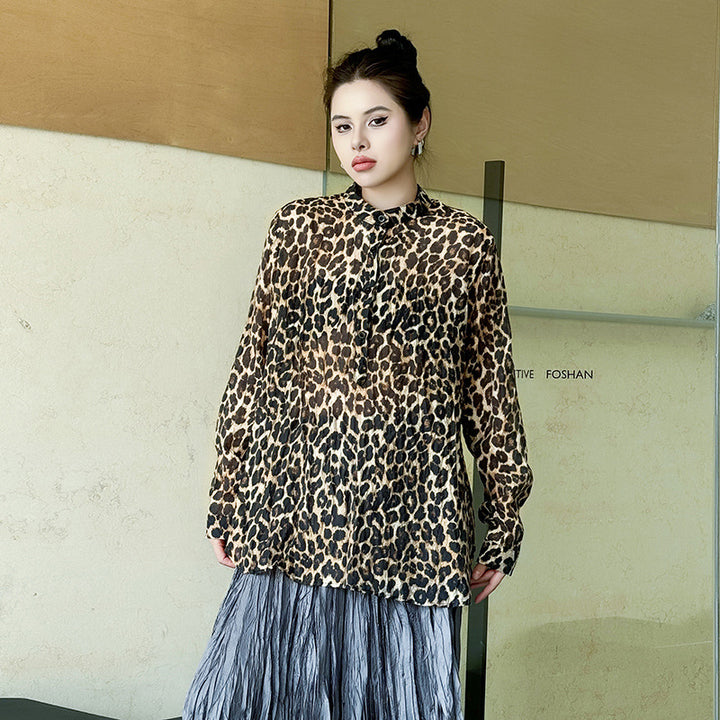 Leopard Print Stand Collar Shirt