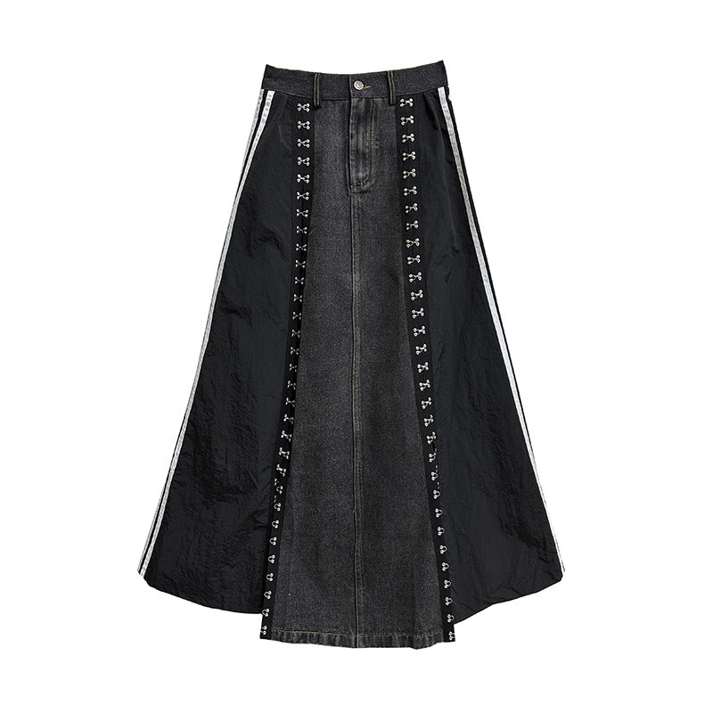 Side line hook denim A-line skirt