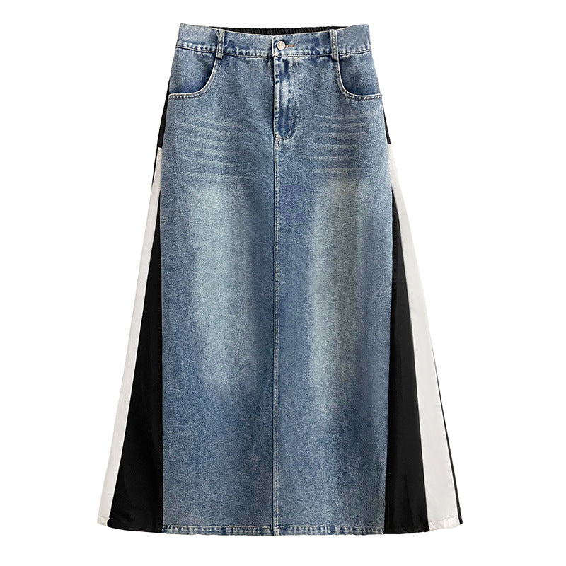 Washed patchwork denim side skirt