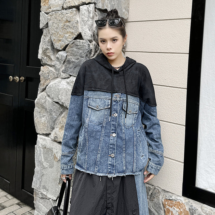 Wash denim patchwork hoodie jacket