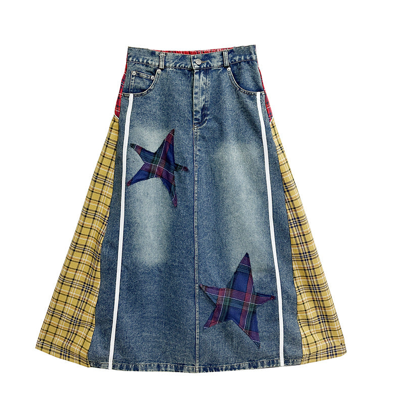 Patchwork plaid high waist A-line denim skirt
