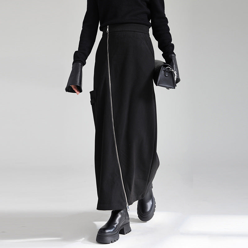 Diagonal Zipper Tight Long Skirt