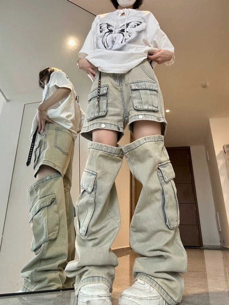 Multi-pocket straight separate pants
