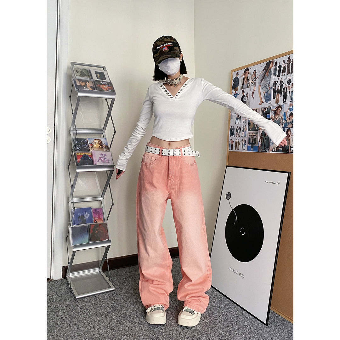 Carmour denim retro color wide-leg pants