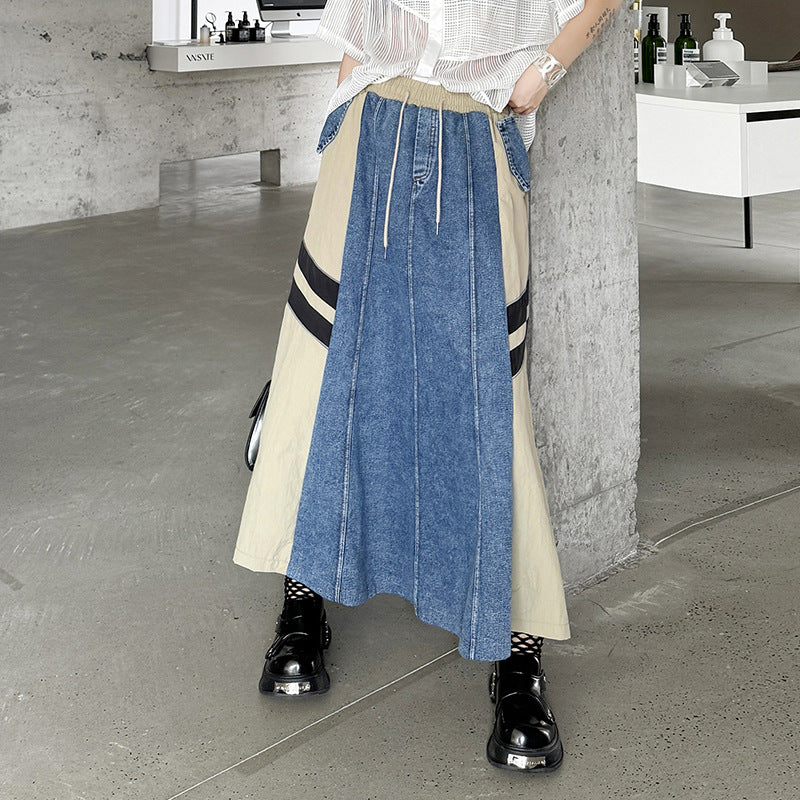 Contrast color stitching two line denim A-line skirt