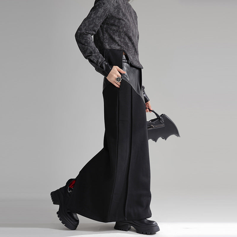Design Patchwork PU Leather A-line Fleece Skirt