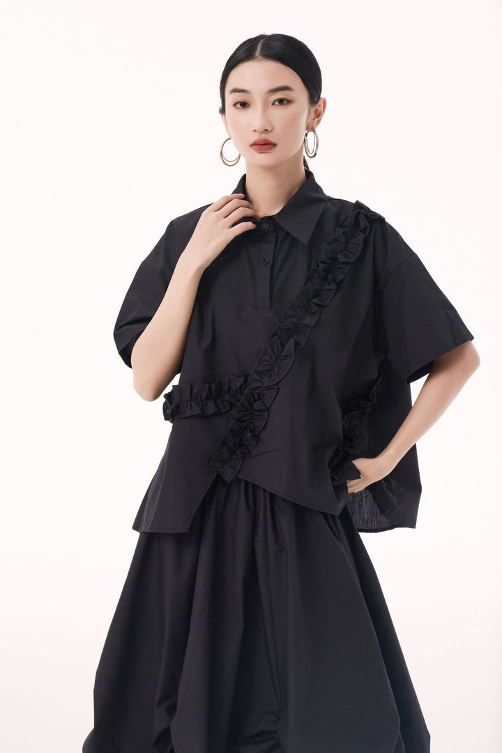 Asymmetry frill short sleeve shirt