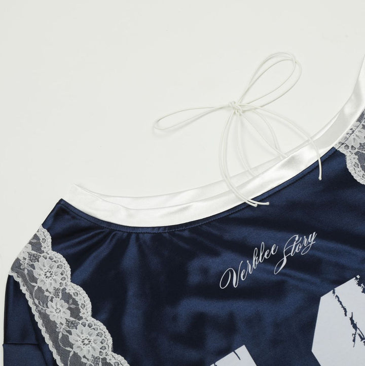 Numbering Lace Ribbon Long Sleeve Tops