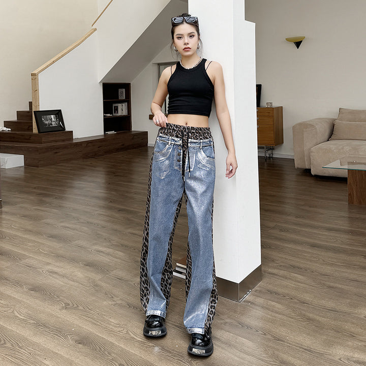 Silver plated wash denim patchwork leopard print casual pants