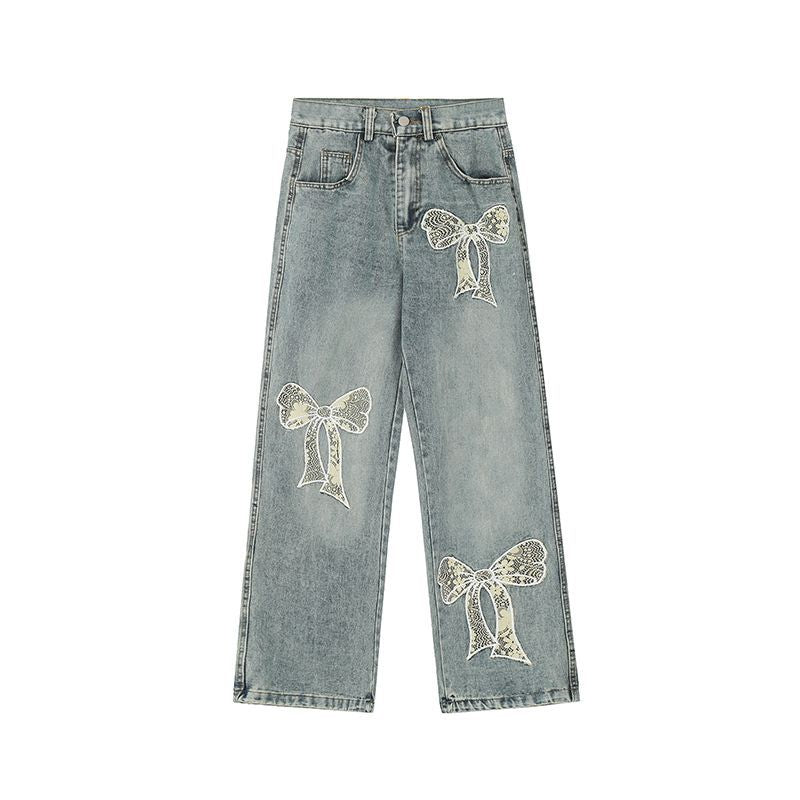 Ribbon Embroidery Washed Straight Denim